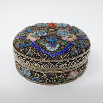 A Chinese silver coloured metal and enamel cylindrical box, 9 cm diameter stamped "silver", silver