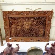 An Eastern carving of a mythical beast, 62 x 45 cm, a box, and assorted other items (6)