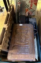A carved Eastern panel, 50 x 30 cm, and assorted other items (box)