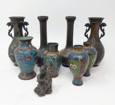 A pair of Chinese bronze vases, 15 cm high, and assorted other Chinese vases (box)