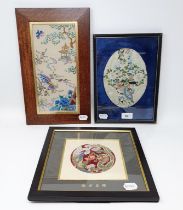 A Chinese textile panel, decorated bird, 20 x 14 cm, another, 27 x 12 cm, and a textile panel