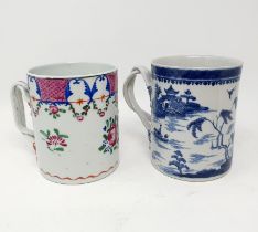 A Chinese exportware blue and white mug, 14 cm, and another mug, 13 cm (2)