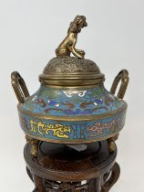 A Chinese gilt metal and enamel censer, on a hardwood stand, 35 cm high (2)