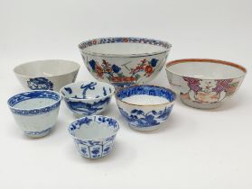 A Chinese blue and white bowl, 13 cm diameter, and six other bowls (7) Various losses throughout