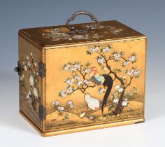 A Japanese Kodansu, lacquered, inset with various coloured stones, decorated flowers and chickens,