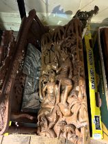 A carved Eastern panel, 49 x 20 cm, and assorted other items (box)