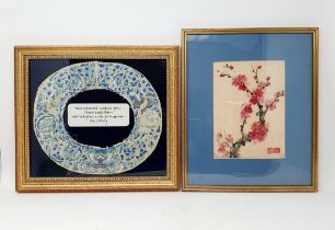 An embroidered Chinese collar, 28 cm wide, framed, and a print, of a blossom branch, 20 x 15 cm (2)