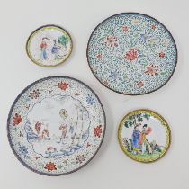 A Chinese enamel plate, decorated figures, six character mark to base, 7 cm diameter, another, and