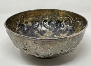 A Victorian silver bowl, with embossed decoration, marks rubbed, 11.3 ozt,