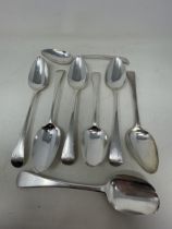 A group of eight Old English pattern silver tablespoons, mostly initialed, various dates and makers,