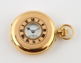 An 18ct gold half hunter pocket watch, monogrammed, the enamel dial with Roman numerals Glass is