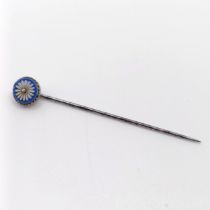 A late 19th/early 20th century silver coloured metal, micro-mosaic and seed pearl stick pin