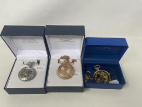 Two modern Rotary skeleton pocket watches, and a similar hunter pocket watch, all boxed (3) untested