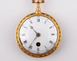 A 19th century Continental yellow metal and enamel open face pocket watch, the back decorated with