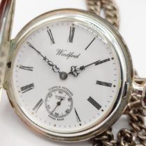 A silver hunter pocket watch, a silver Albert, and a watch box