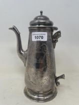 A George III silver coffee pot, marks rubbed, lacks handle and finial, 20 ozt handle removed because