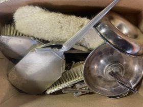 Silver backed hand mirror and and assorted silver and silver plated items (box)