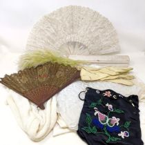 A mother of pearl and lace fan, and assorted other textiles (box)