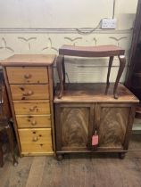 A mahogany cupboard, 70 cm wide, a pine chest, a painted screen, and three stools (6)