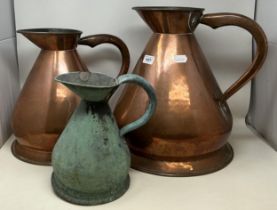 A copper three gallon jug, a two gallon jug and a one gallon jug (3) The smallest one very heavily
