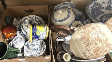 A blue and white part dinner service, assorted ceramics, prints and other items (6 boxes)