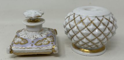 A 19th century Continental inkwell, 7 cm wide, and an inkstand (2)