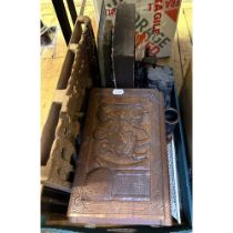 A carved Eastern panel, 50 x 30 cm, and assorted other items (box)
