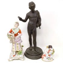 A bronze figure of Narcissus, and two Dresden figures (3)