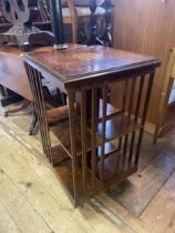 A walnut Davenport, 57 cm, a painted metal bottle stand, and a revolving bookcase (3)