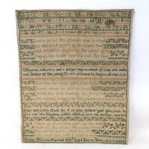 A 19th century sampler, worked by Emma Willson, dated 1847, 34 x 28 cm, unframed Some staining,