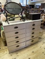 A painted chest, having ten drawers, a mirror, a mantel clock and tool chest (4)