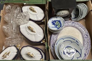 A mantel clock, in a slate case, 20 cm wide, assorted ceramics and glassware (2 boxes)