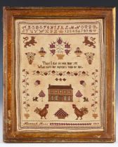 A 19th century sampler, decorated with a house, worked by Hannah Ross 1819, 27 x 20 cm, Overall