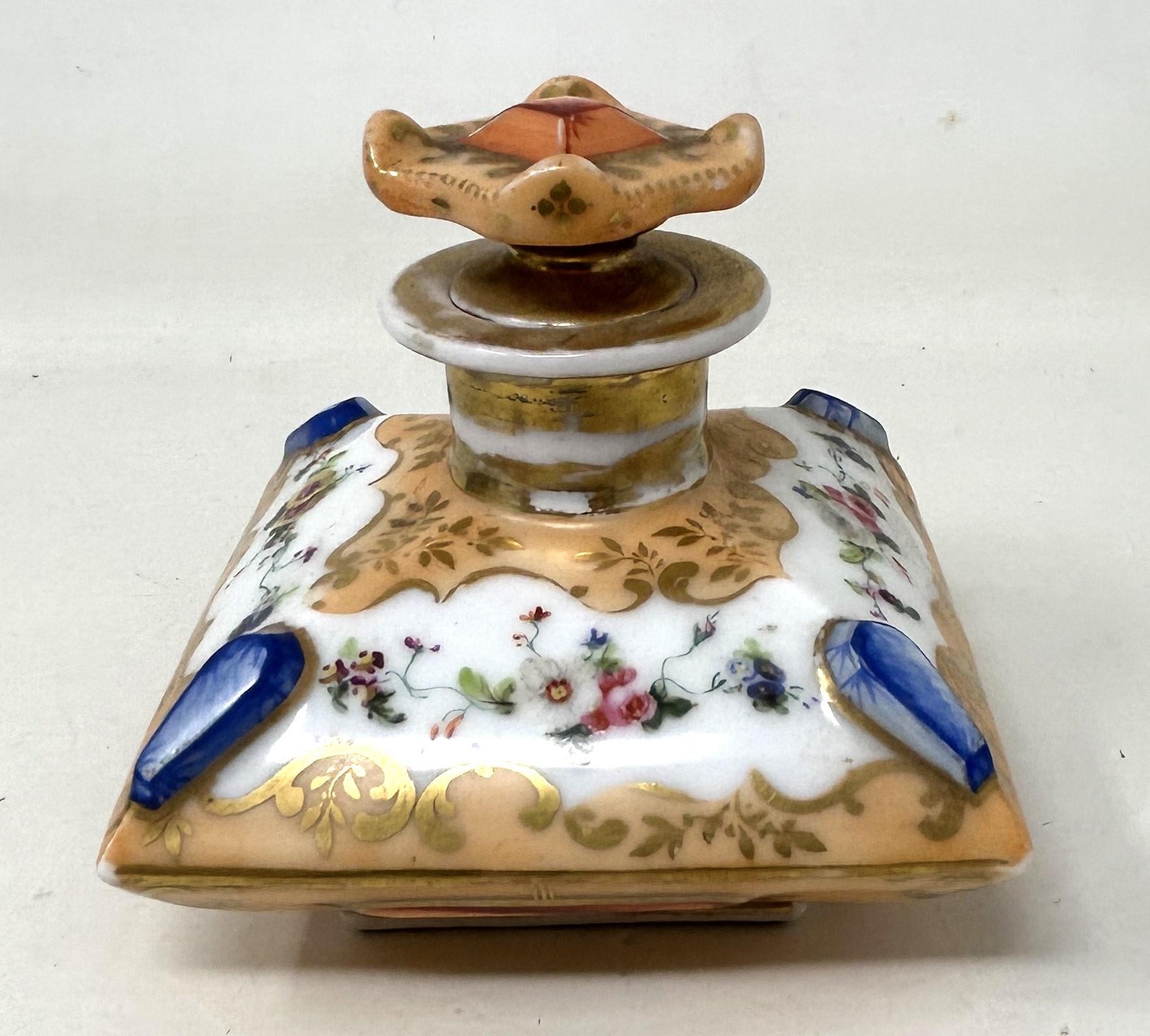A 19th century Continental inkwell, the peach ground decorated flowers, 10 cm wide - Image 2 of 4