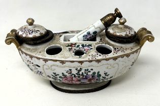 A French porcelain inkstand, decorated flowers, 21 cm wide