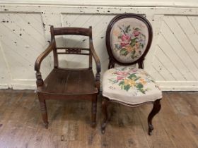 A mahogany single chair, two armchairs, two single chairs, a pine panel and a carved wood and a gilt