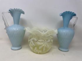A pair of early 20th century satin glass ewers, assorted coloured and carnival glass (3 boxes)