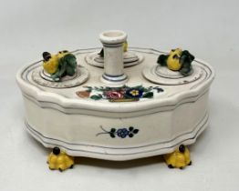 A 19th century creamware inkstand, decorated fruit, 23 cm wide