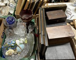 A walnut mantel clock, assorted boxes, ceramics, glass and other items (5 boxes)