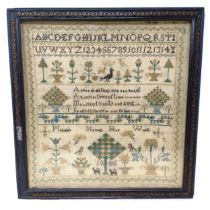 A 19th century sampler, dated 1845, 32 x 30 cm Various small holes and losses mainly around the