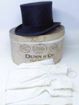 A Dunn & Co moleskin top hat, boxed, and a christening gown (2)