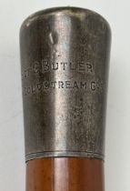 A malacca walking stick, with a regimental top, engraved L/Sgt G Butler, 3rd Bn Coldstream Gds
