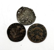 A silver cross penny, clipped, and two tokens (3)