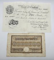 A Bank of England white £5 banknote, March 27th 1950, R10 099867, a group of German 100,000 Mark