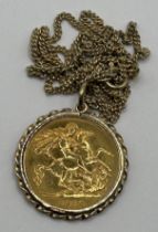 A George V gold half sovereign, 1913, in a 9ct gold pendant mount, on a 9ct gold chain 7.3 g