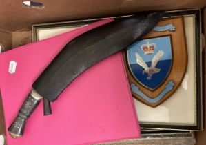 A Kukri, with a small knife, in a scabbard, a group of military prints, a 14 Flight Army Air Corps