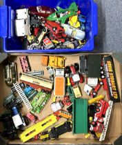 Assorted playworn die-cast toy cars and trucks (2 boxes)