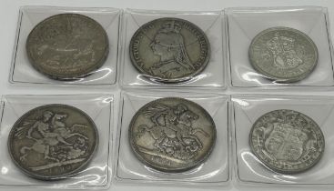 Four crowns, 1890 (2), 1891, 1935 and other assorted coins