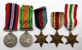 A group of five medals, comprising a 1939-1945 War Medal, 1939-1945 Defence Medal, Italy Star,