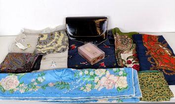 Assorted scarves, a clutch bag, a bottle of Chanel No 5, sealed, and other items (box)